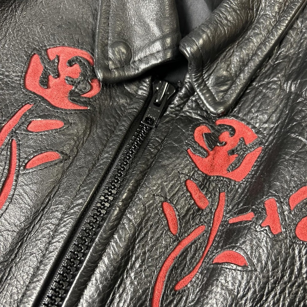 Leather Club Jacket Womens Medium Black Fringe Leather Motorcycle Rose Western - Picture 2 of 8